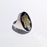 Owl Ring: Enamel on silver; Top face size, 22mm x 31mm.