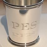 Hand Engraved Roman Block Initials on Silver Julep Cup by Dennis Meade