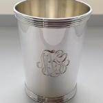 Hand Engraved Script Monogram on Silver Julep Cup by Dennis Meade